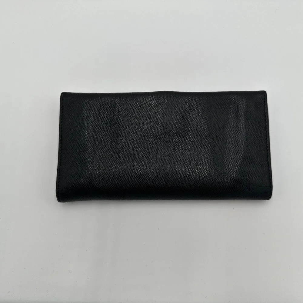 Black Women's Saffiano Leather Clutch Wallet with Silver Tone Hardware